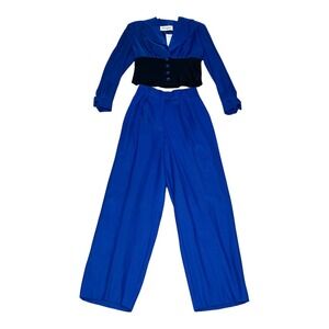 Vintage 80s Patrick Kelly France Pant (6) Suit Blazer SMALL Blue Black Wide Leg